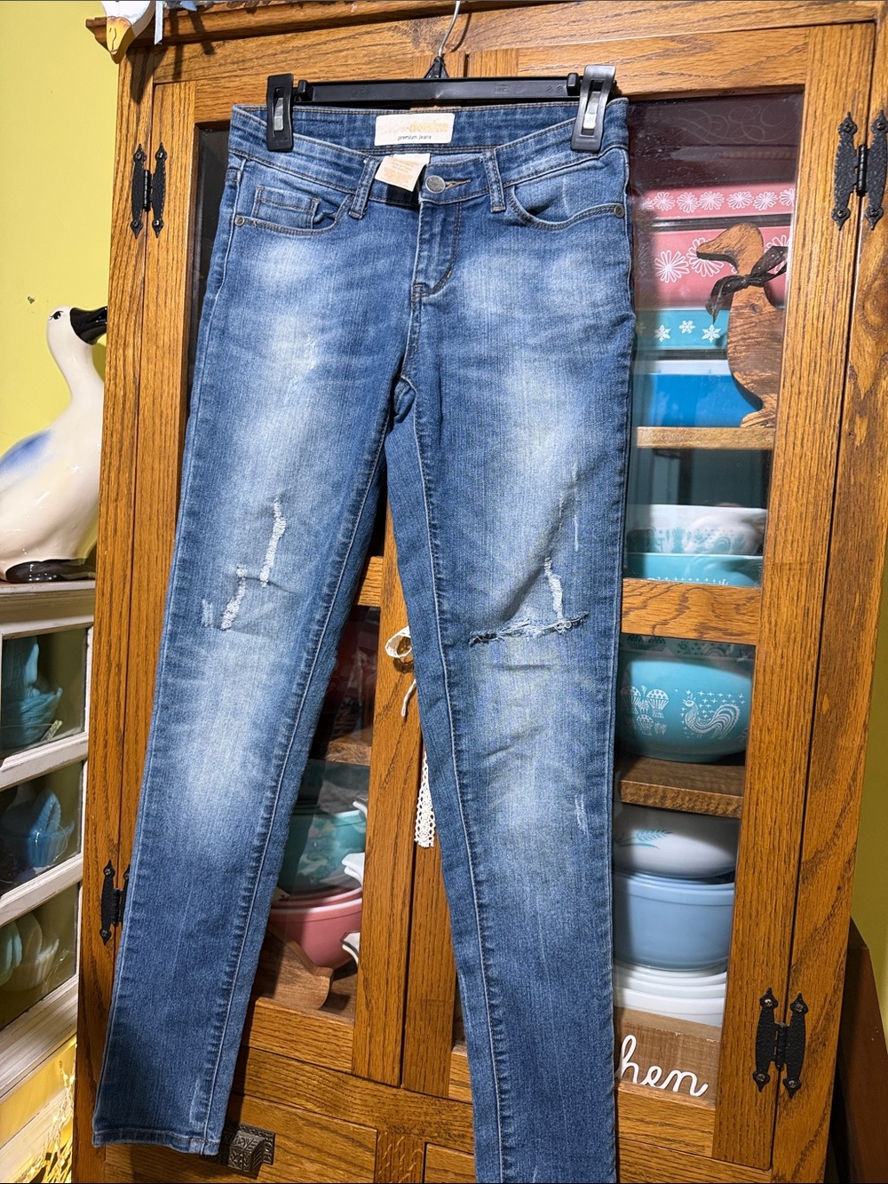 Women's Skinny Distressed Mid Blue Stretch Jeans